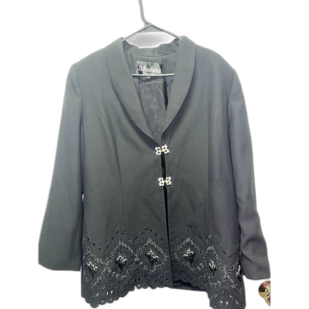 Moshita Couture Black Blazer PlusSize 18 Jeweled hook Closure Embroidered Sequin